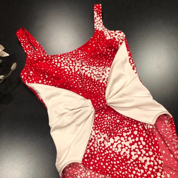 Vintage Mainstream Bow Front Red White Dot One Piece Swimsuit USA 80s 90s - Picture 4 of 13